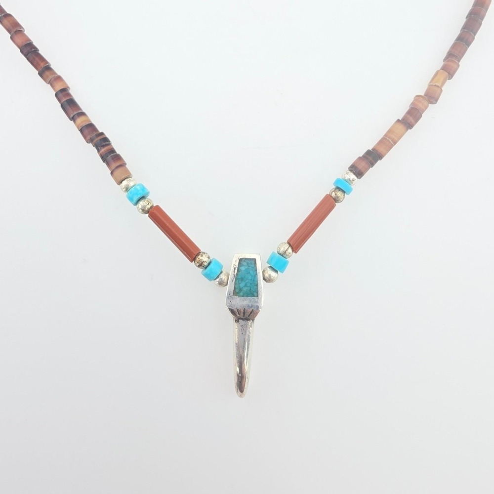Southwestern Turquoise Talon Necklace 925 Sterling Silver Heishi Beads 17"